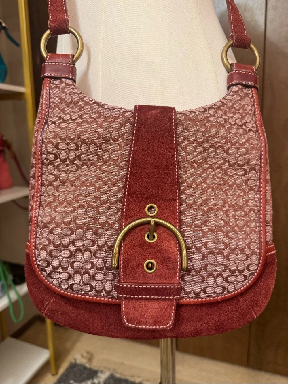 Coach Red Suede Signature Hobo Bag